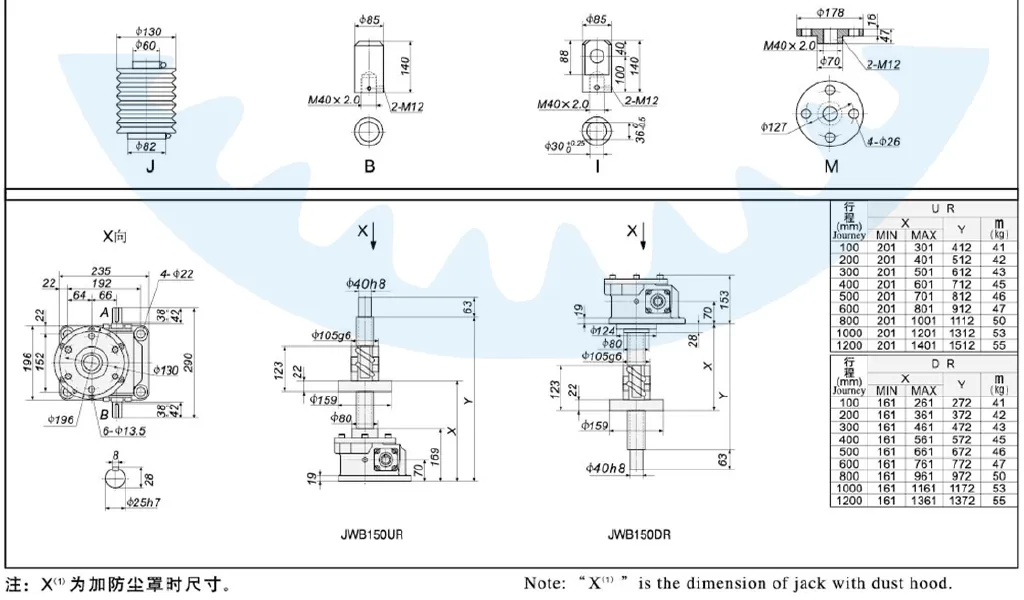 JWB150 Series Ball Screw Jacks Dimensions Drawing