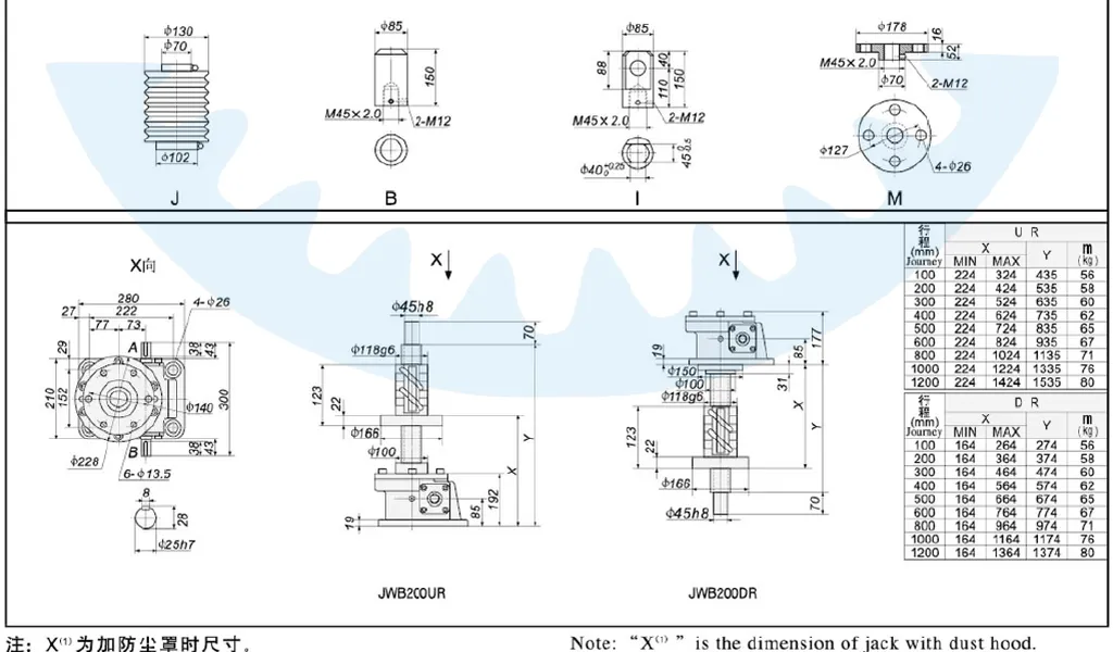 JWB200 Series Ball Screw Jacks Dimensions Drawing