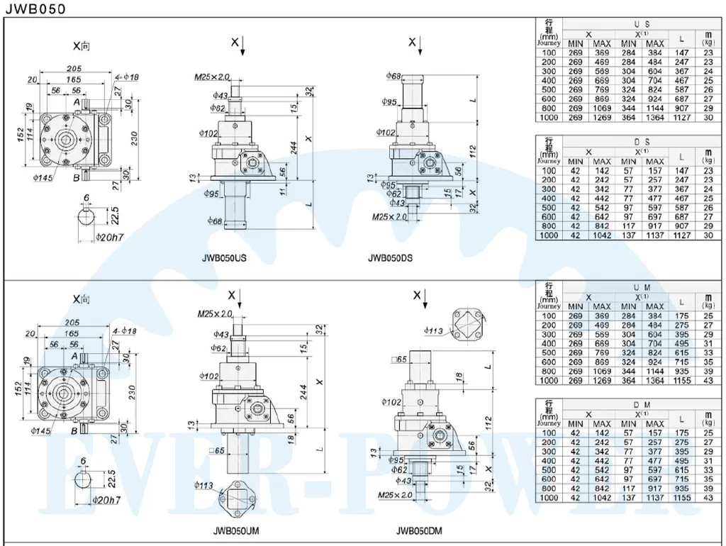 JWB050 Series Ball Screw Jacks Dimensions Drawing
