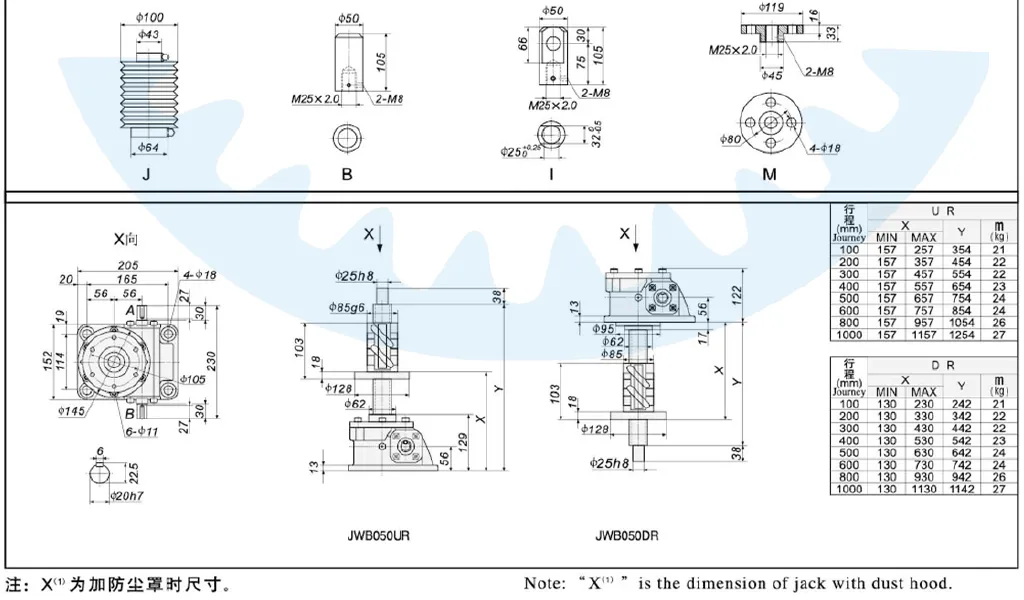 JWB050 Series Ball Screw Jacks Dimensions Drawing