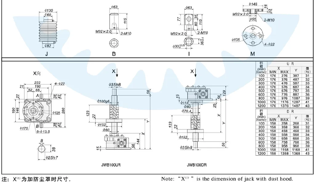 JWB100 Series Ball Screw Jacks Dimensions Drawing