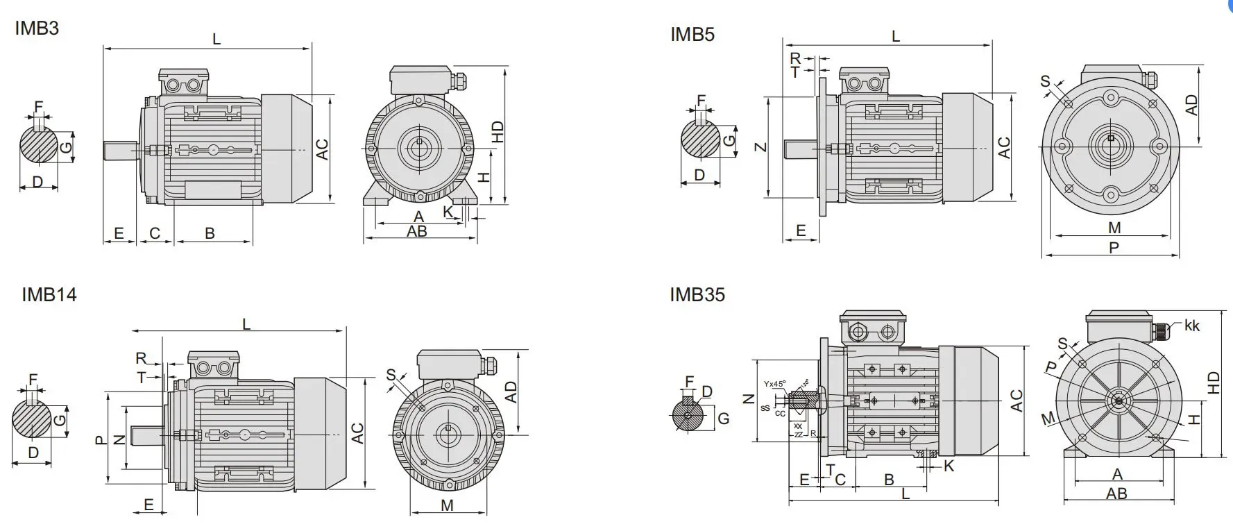 YS Series Aluminum Housing Three Phase Asynchronous Motor Installation Dimension