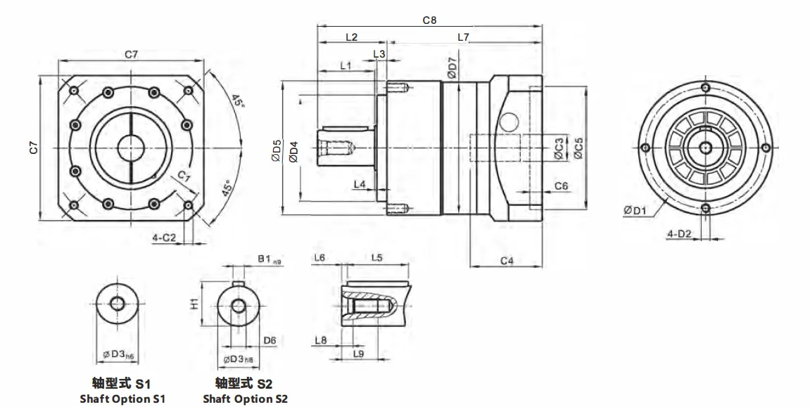 BAE Series 1 Stage Planetary Gearbox Outline Dimensions