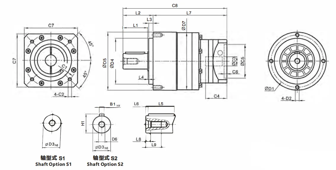 BAE Series 2 Stage Planetary Gearbox Outline Dimensions