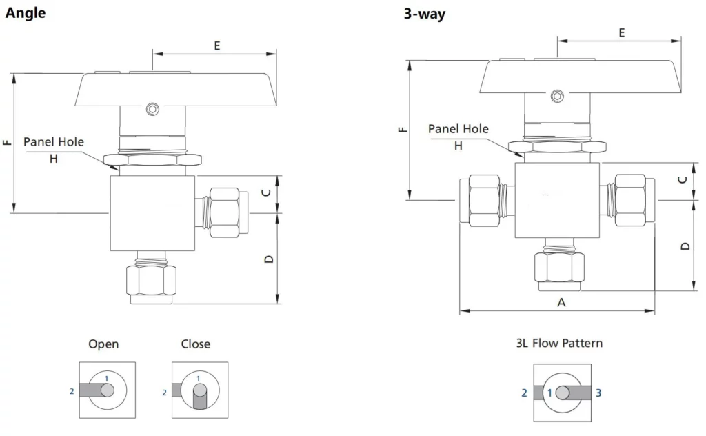 Angle & 3 Way One-Piece Instrumentation Ball Valves Dimensions