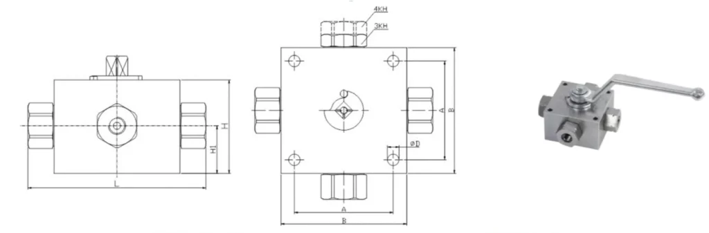 4KH Series 4-way Hydraulic Ball Valve Dimensions
