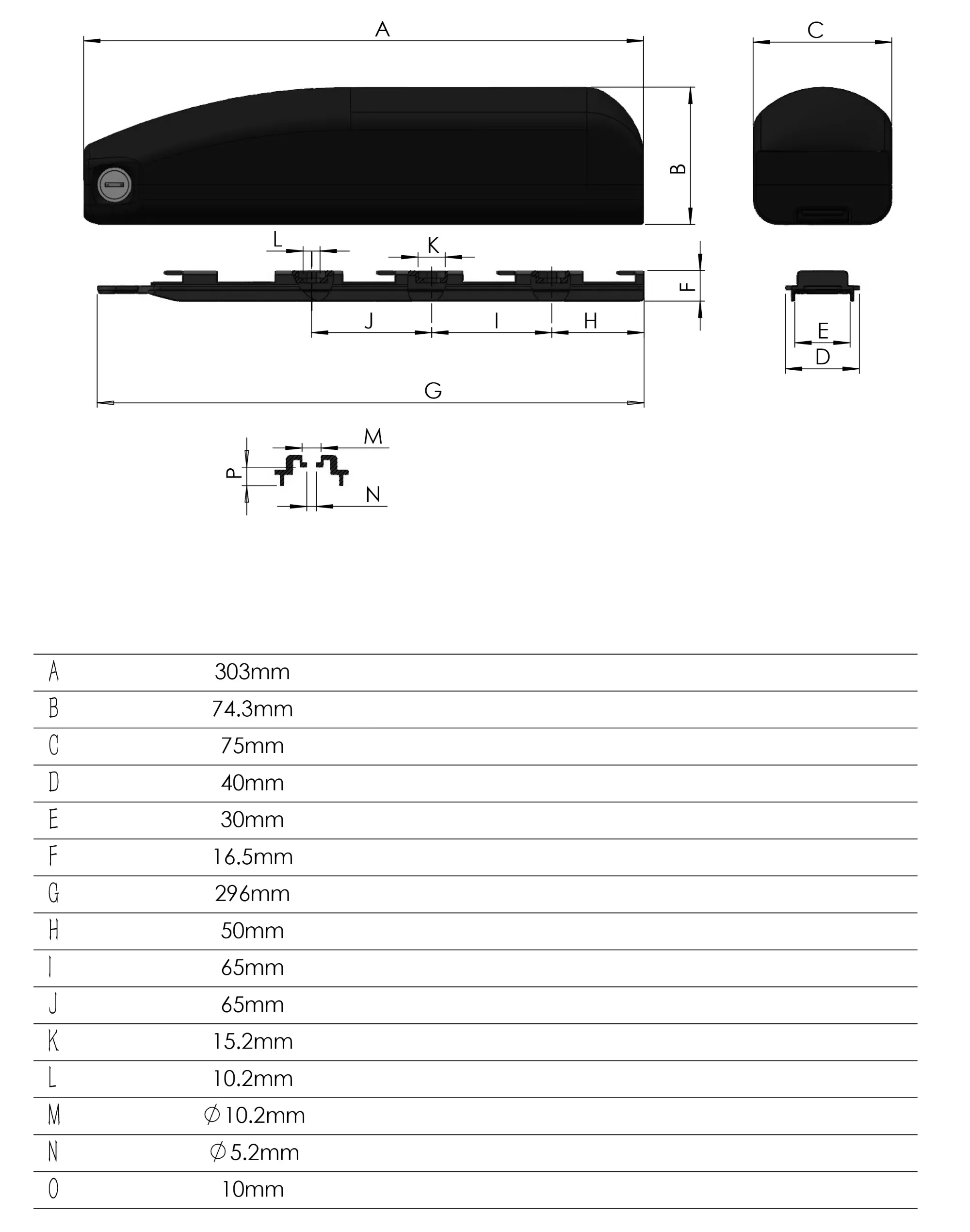 BI3614 Down Tube Battery Dimension