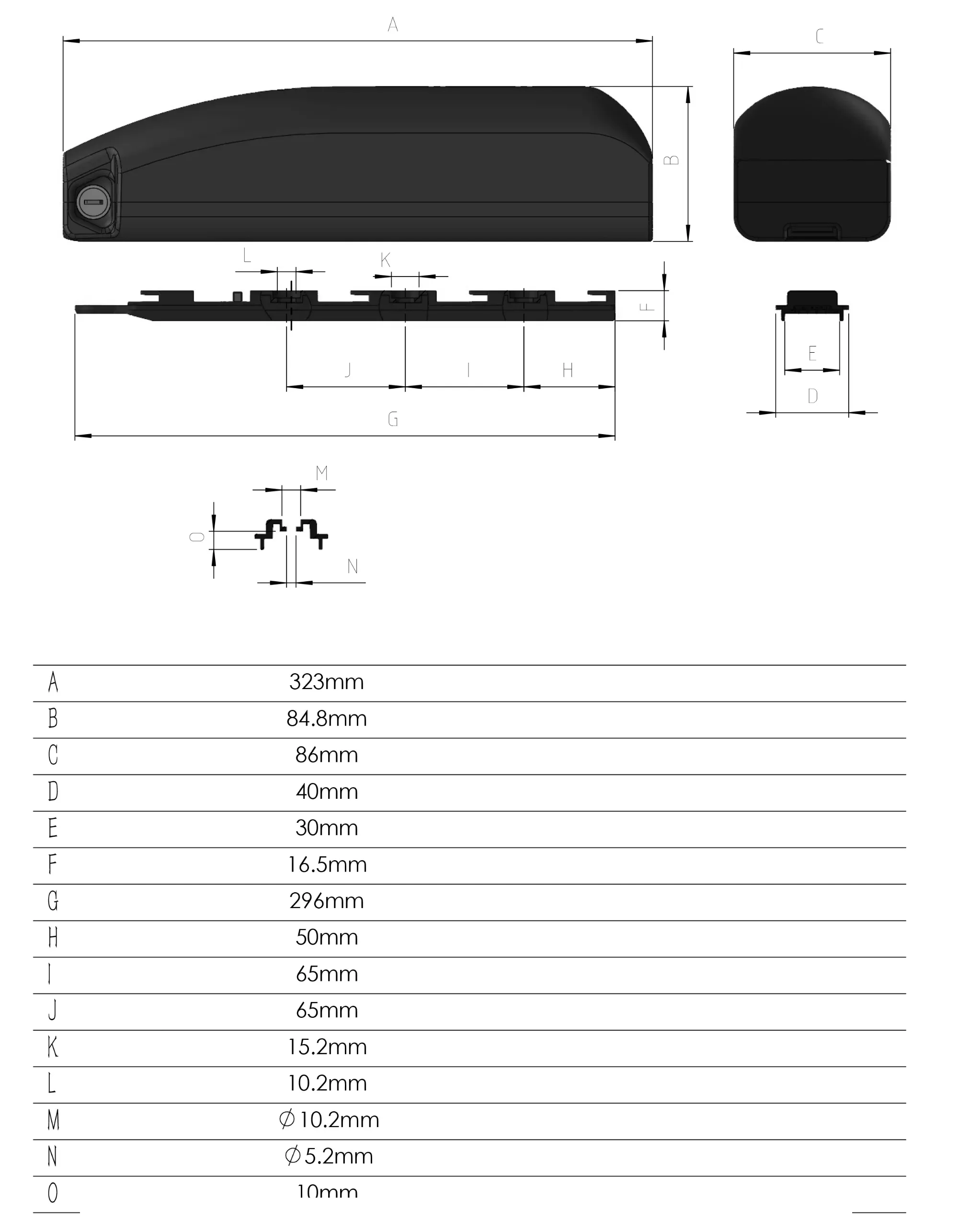 BI3620 Down Tube Battery Dimension
