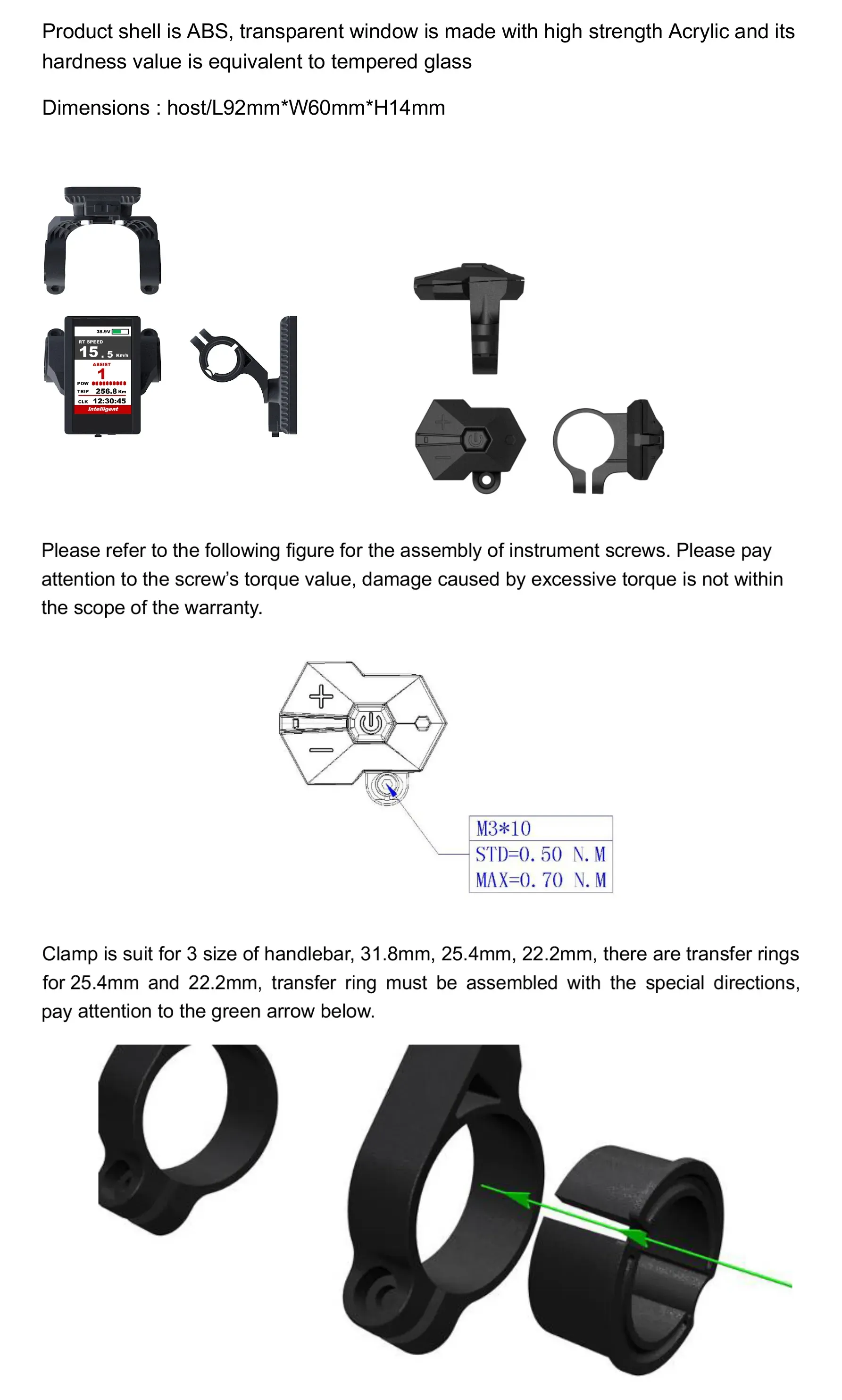 Electric Bicycle TFT320 Display Dimension