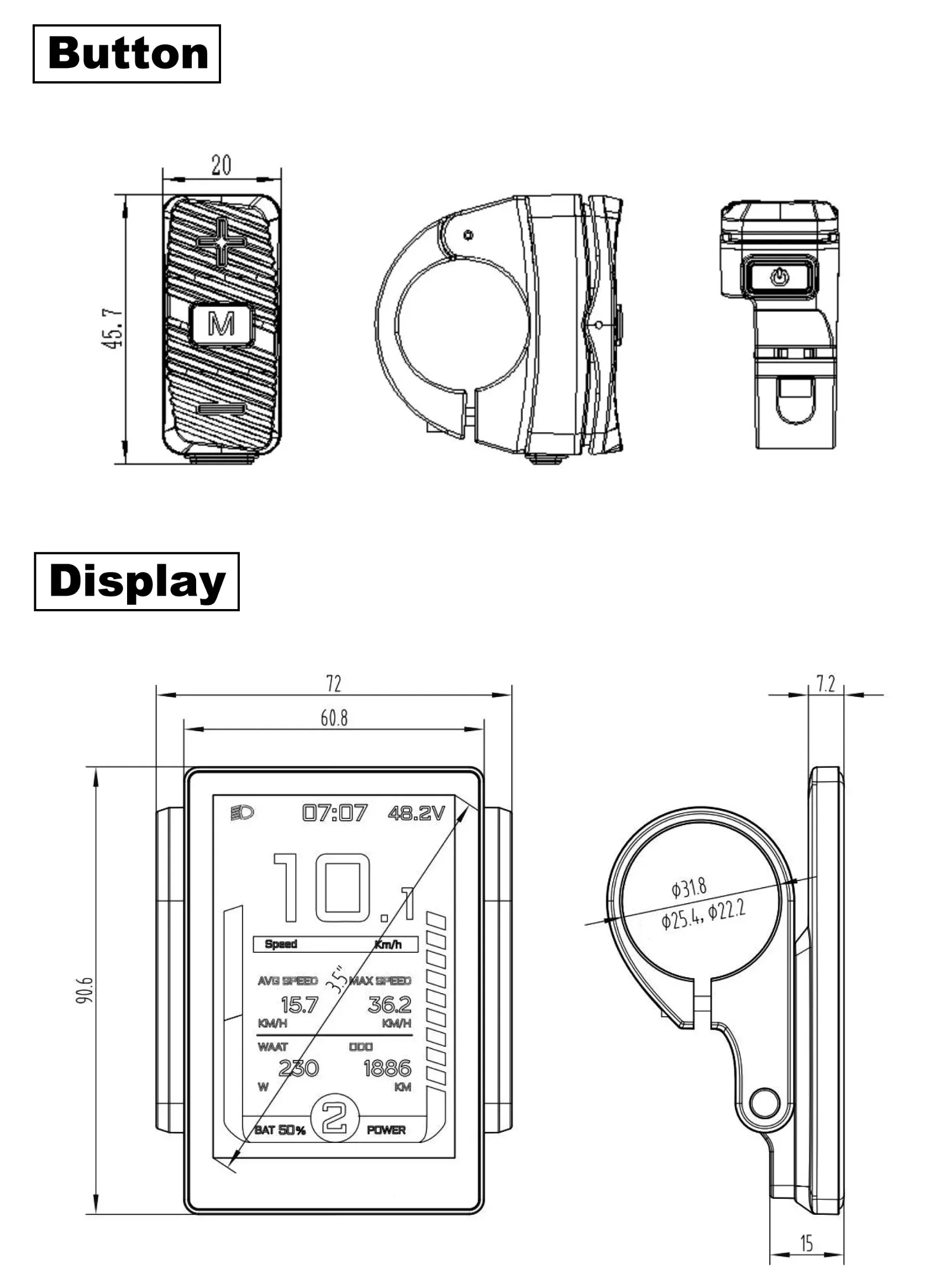 Electric Bicycle TFT350 Display Dimension