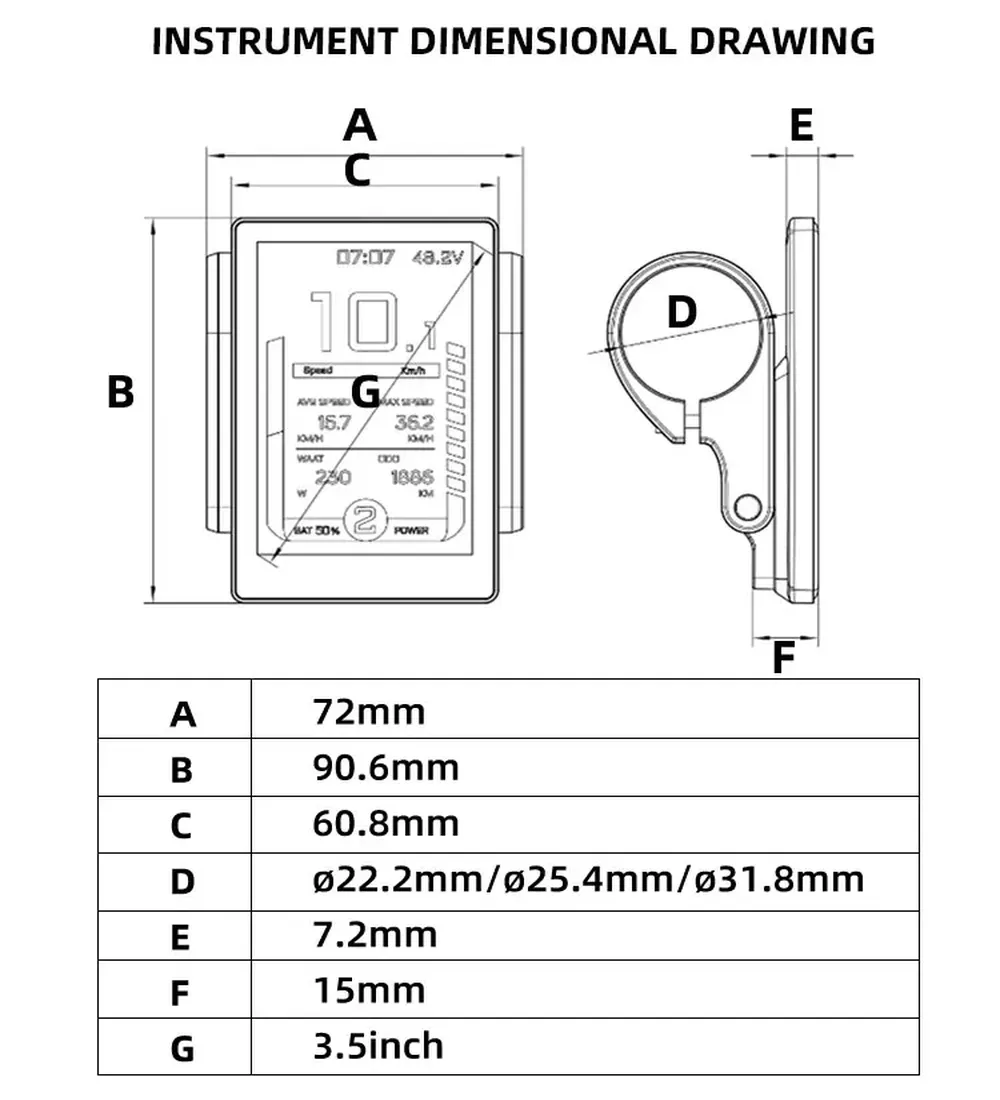 Electric Bike Wireless Display Instrument Dimension