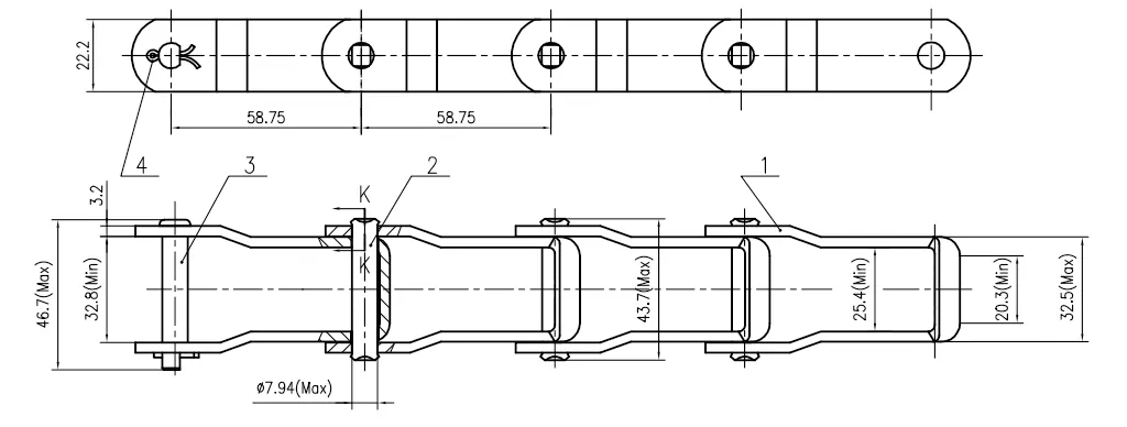 Specifications of 667H-00 Steel Pintle Chain for Manure Spreaders